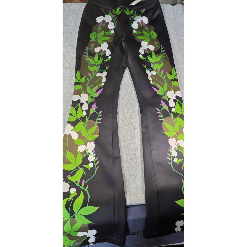 Cynthia Rowley Floral Print Flare Pants Black Satin Stretch Bell Bottom Size 2